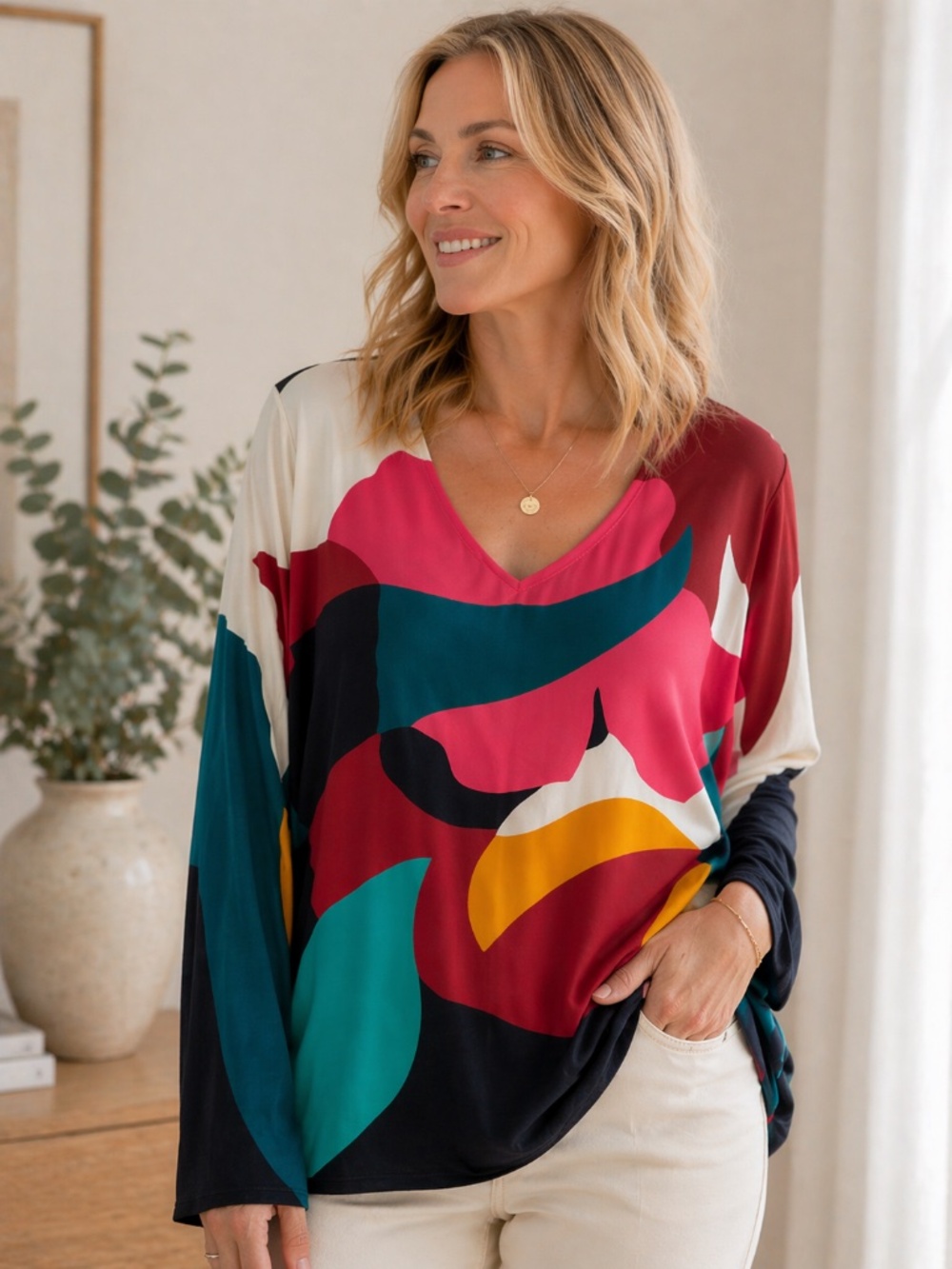 Chico’s NWT Peacock Teal Abstract Floral V-Neck Sweater Size 4 XXL - Picture 12 of 12